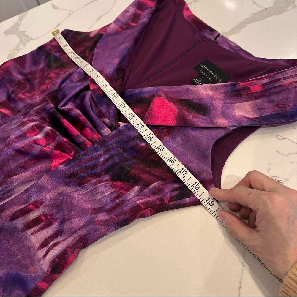 Connected Apparel Vibrant Purple Watercolor Satin A-Line Dress 12 Midi Formal - Picture 10 of 14
